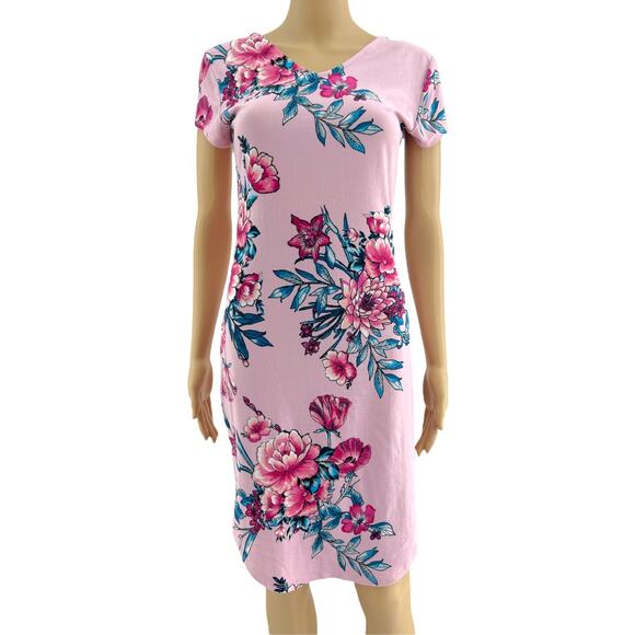 Derek Heart MEDIUM Pink Floral Peony Lily Short Sleeve Sheath Bodycon Mini Dress - Picture 1 of 6